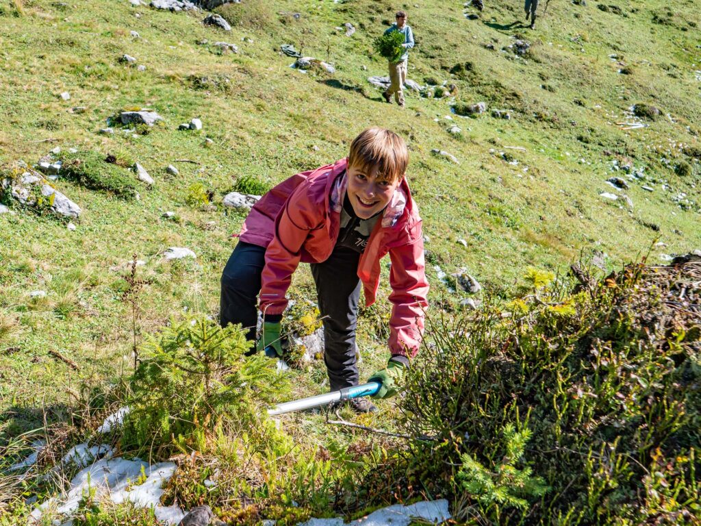 Helferin mit Astschere beim Schwenden einer Almfläche