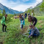 Schülerinnen beim Schwenden einer alpinen Almfläche