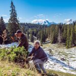 Teilnehmer des Freiwilligencamps am Untersberg helfen beim Schwenden einer Almfläche mit Blick zum Watzmann