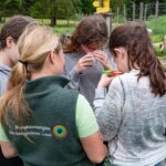 Schülerinnen untersuchen Insekten in einer Becherlupe