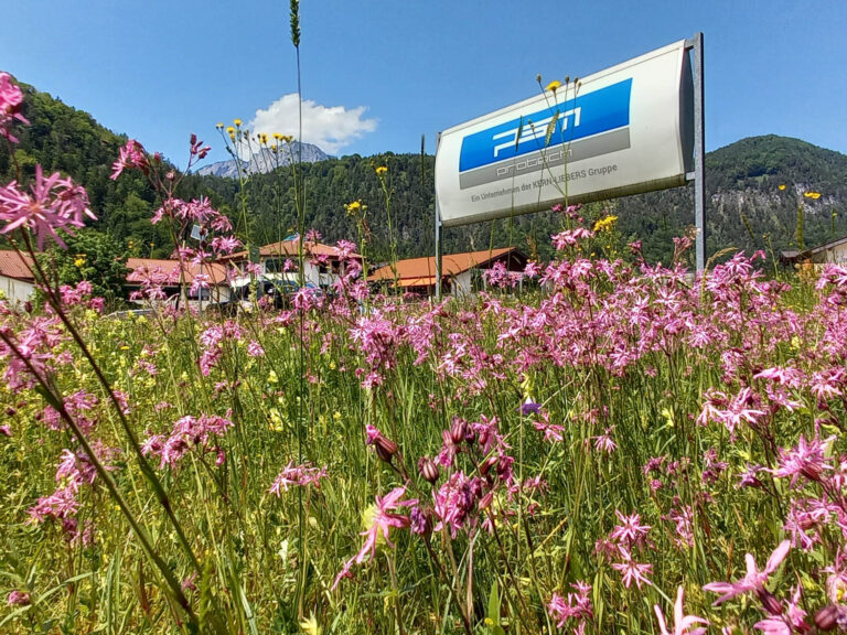 Blumenwiese und Firmenschild des Partnerbetriebs psm protech