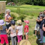 Teilnehmer der Bauernhofexkursion bei der Erkundung des Hühnergeheges