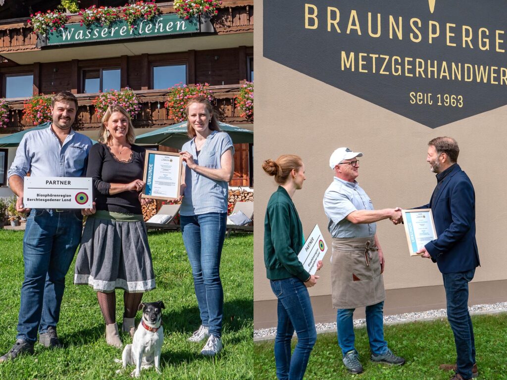 Übergabe der Partner-Urkunden an Vertreter der Betriebe Ferienwohnungen Wassererlehen und Metzgerei Braunsperger