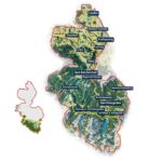 Karte mit der Zonierung der Biosphärenregion (Entwicklungszone im Norden, anschließend Pufferzone und Kernzone im Süden) sowie mit den Grenzen des Nationalpark Berchtesgaden und der Biosphärenregion. Zusätzlich verortet sind alle Gemeinden im Berchtesgadener Land.