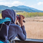 Junge mit Fernglas auf einem Aussichtsturm im Ainringer Moos